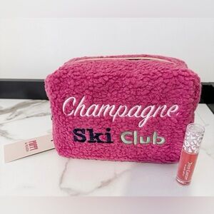Champagne Ski Club Pink Sherpa Cosmetic Pouch w/ Juicy Couture Lip Oil
